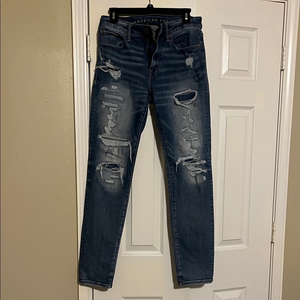 American Eagle Outfitters Men's Ripped Dark Blue Skinny Jeans